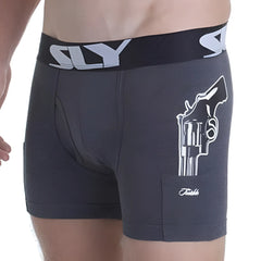 Dark gray heathered sly sly0020008w boxer briefs with white revolver graphic and sly branded waistband