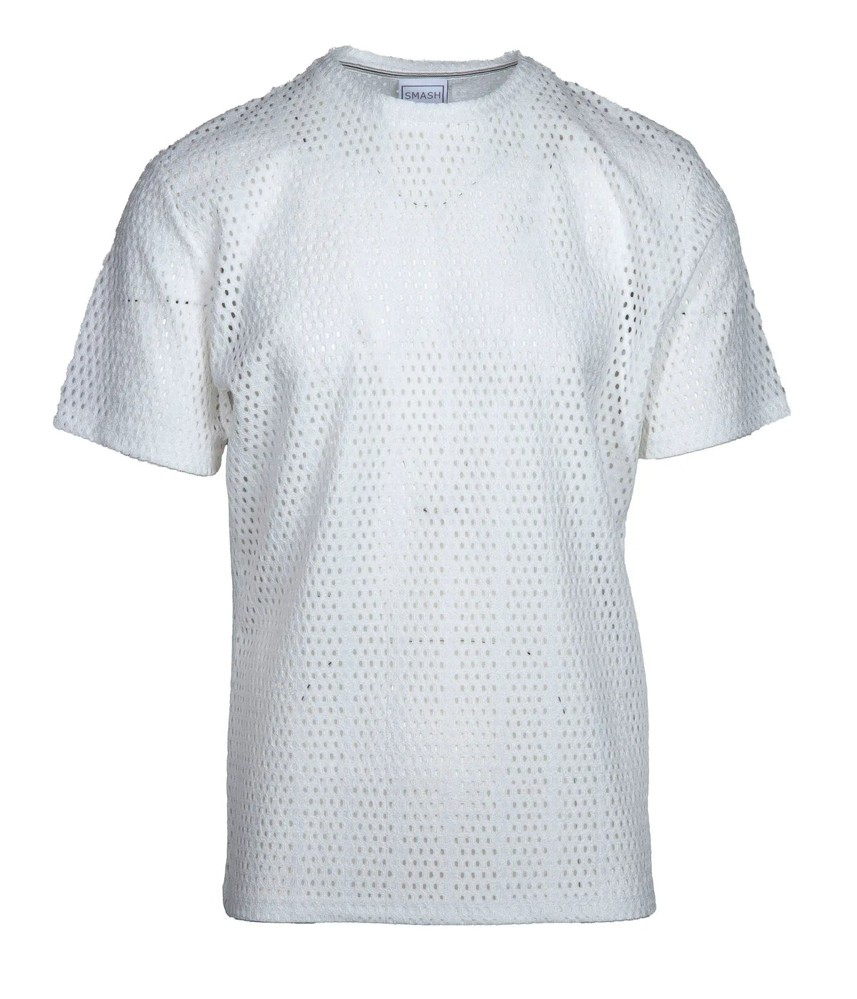 White perforated cotton smash gossamer lace top with round neckline and short sleeves for casual wear