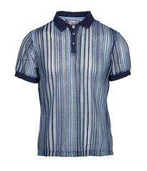 Smash knit polo navy blue and white striped short sleeve shirt with textured knit pattern and classic collar