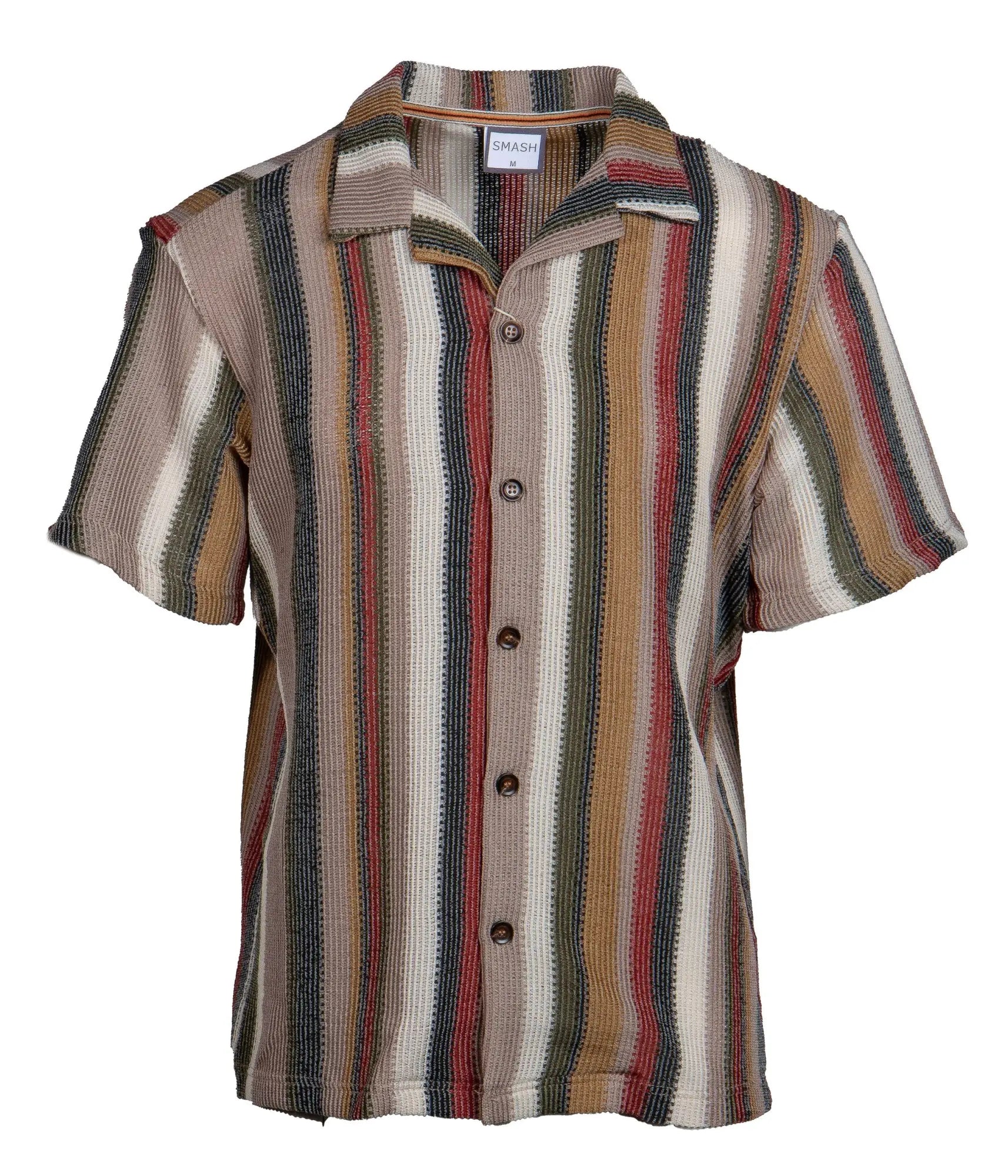 Smash s s stripe button down shirt short sleeved with vertical earthy stripes in textured fabric