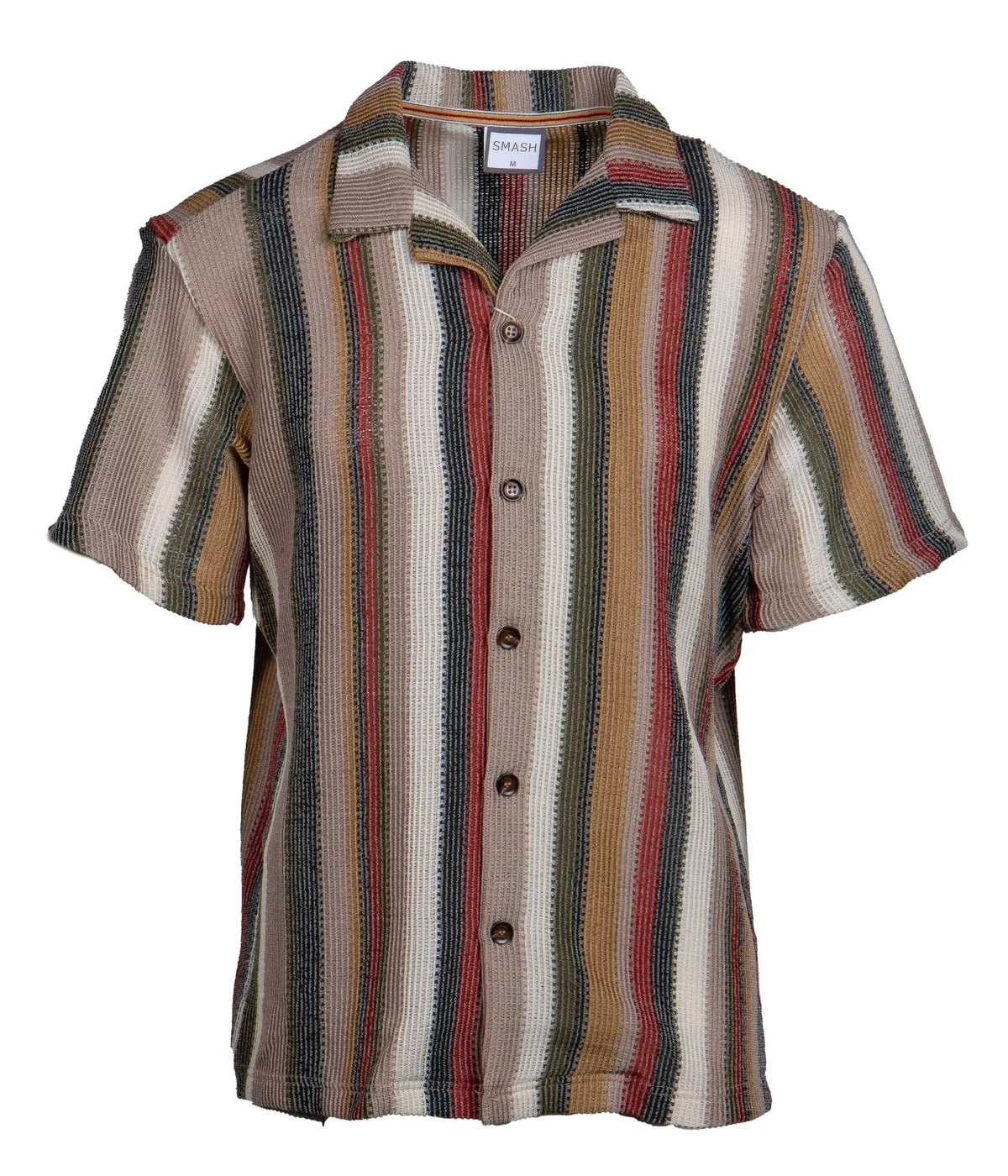 Smash s s stripe button down shirt short sleeved with vertical earthy stripes in textured fabric