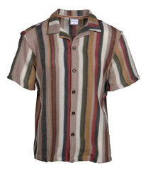 Smash s s stripe button down shirt short sleeved with vertical earthy stripes in textured fabric