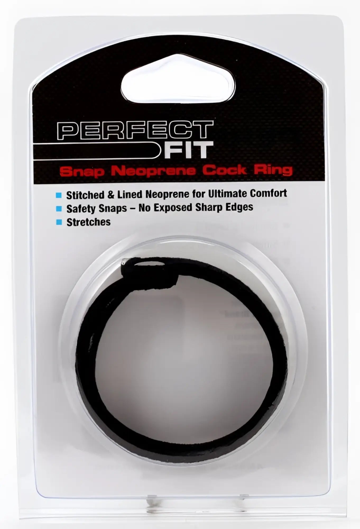 Black snap neoprene cock ring in clear plastic packaging with perfect fit branding for comfortable secure wear
