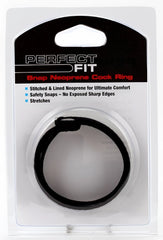 Black snap neoprene cock ring in clear plastic packaging with perfect fit branding for comfortable secure wear