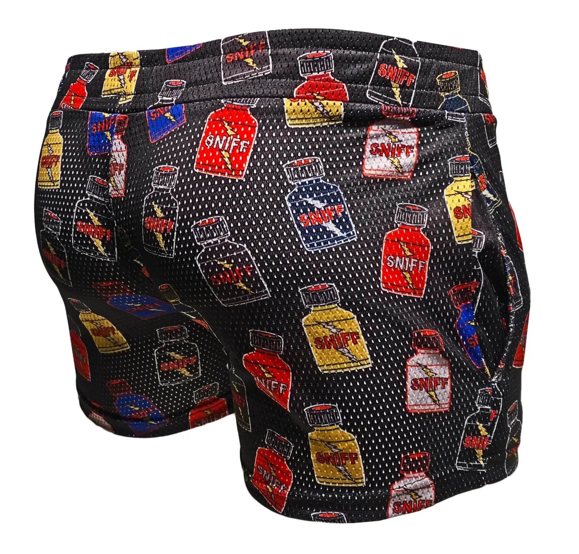 Black mesh sniff print booty short with bold colorful repeating spray bottle pattern in red yellow and blue