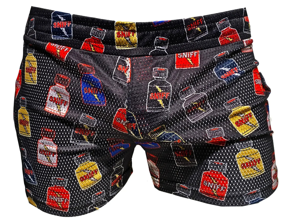 Black mesh sniff print booty shorts with colorful cartoonish red yellow and blue sniff bottle graphics repeated pattern