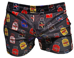 Black mesh sniff print booty shorts with colorful cartoonish red yellow and blue sniff bottle graphics repeated pattern