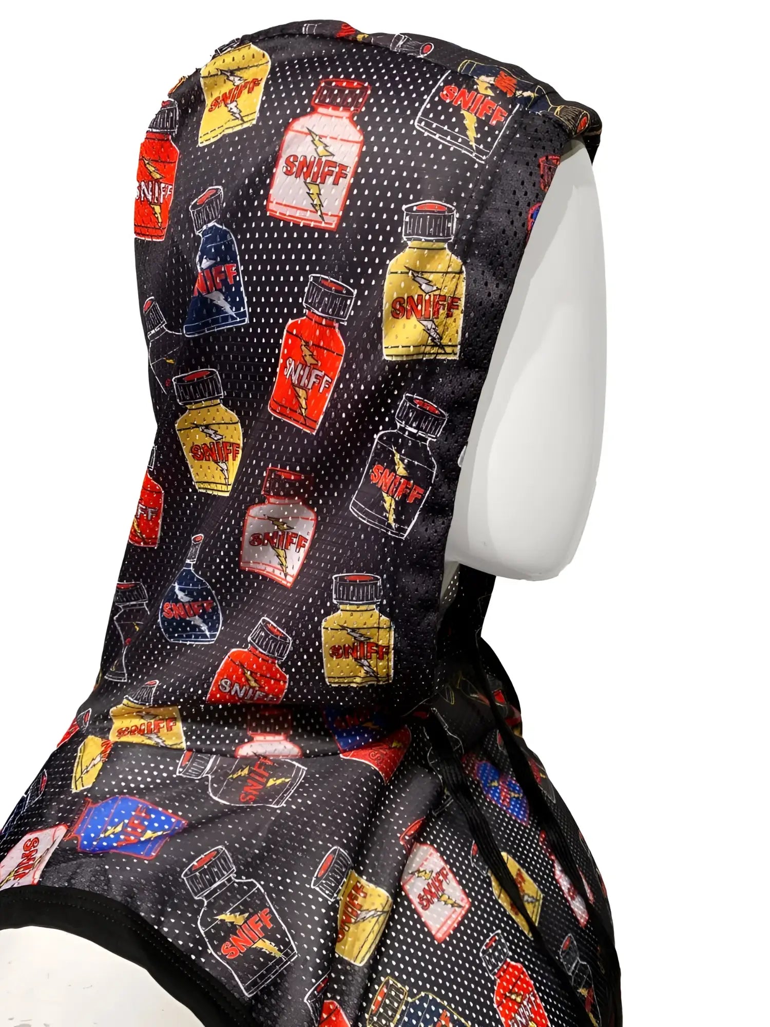 Black mesh hooded tank with a colorful sniff bottle pattern in red yellow and blue for sportwear use