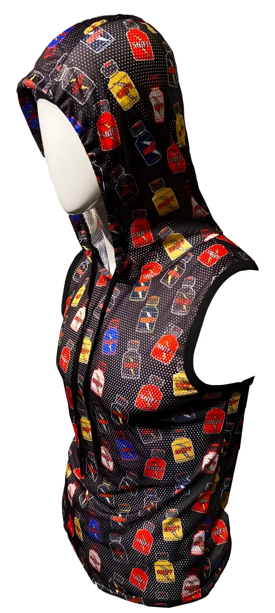 Black mesh hooded tank vest featuring a vibrant colorful liquor bottle label pattern in red yellow blue and purple