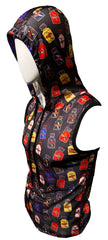 Black mesh hooded tank vest featuring a vibrant colorful liquor bottle label pattern in red yellow blue and purple