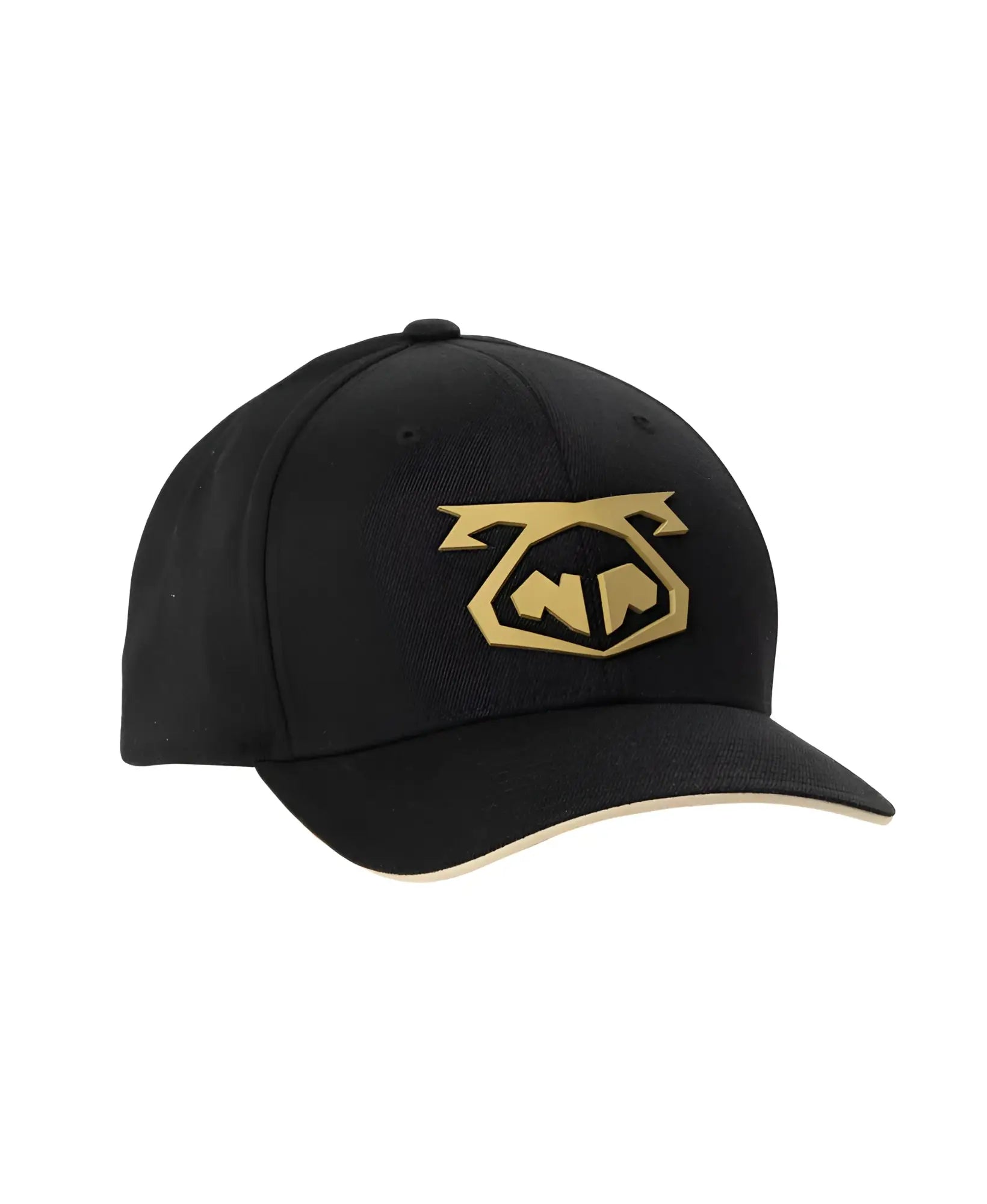 Black snout 2-tone cap with gold embroidered logo front made of durable fabric for casual wear