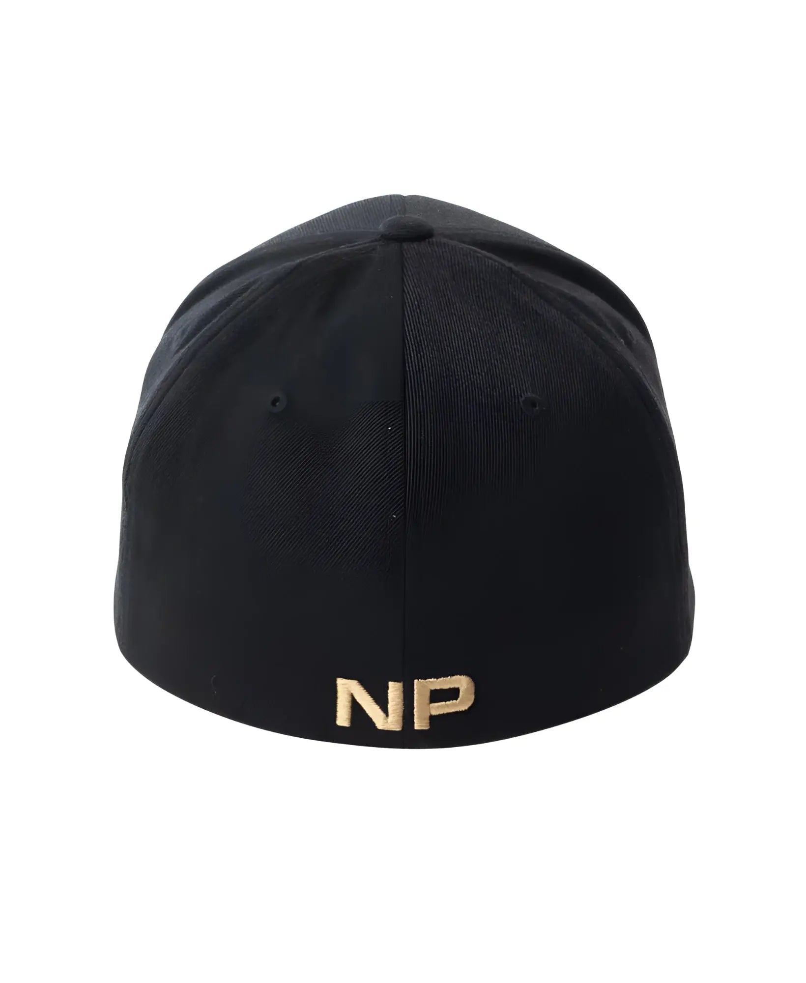 Black fitted baseball cap with gold embroidered np logo on the back side from snout 2 tone cap collection