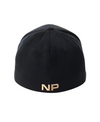Black fitted baseball cap with gold embroidered np logo on the back side from snout 2 tone cap collection