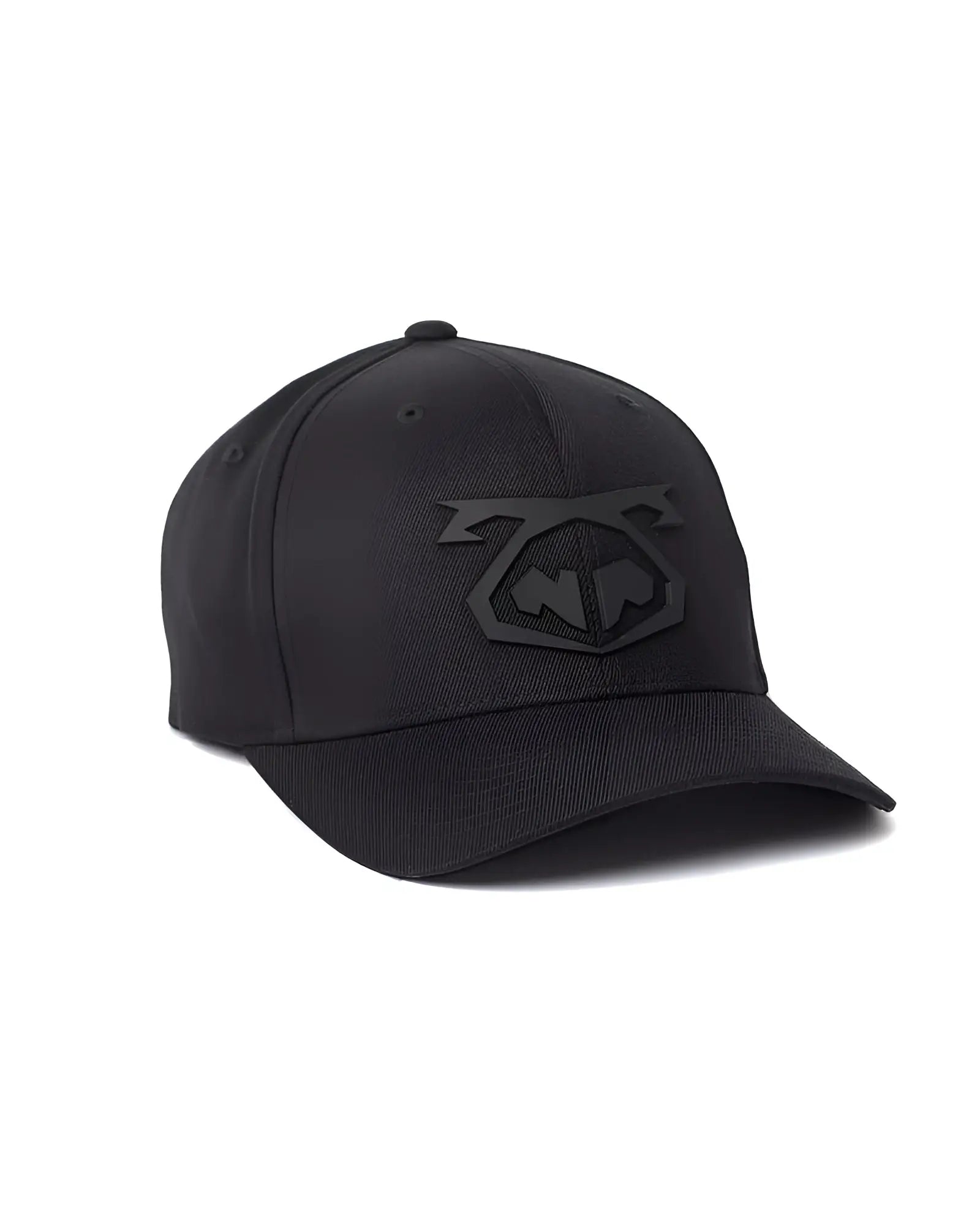 Black snout cap baseball hat with subtle embossed logo on front made of durable fabric for casual wear