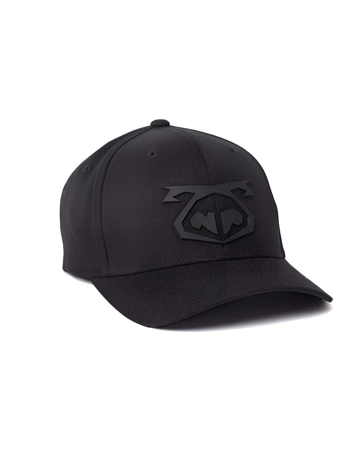 Black snout cap baseball hat with subtle embossed logo on front made of durable fabric for casual wear