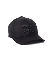 Black snout cap baseball hat with subtle embossed logo on front made of durable fabric for casual wear