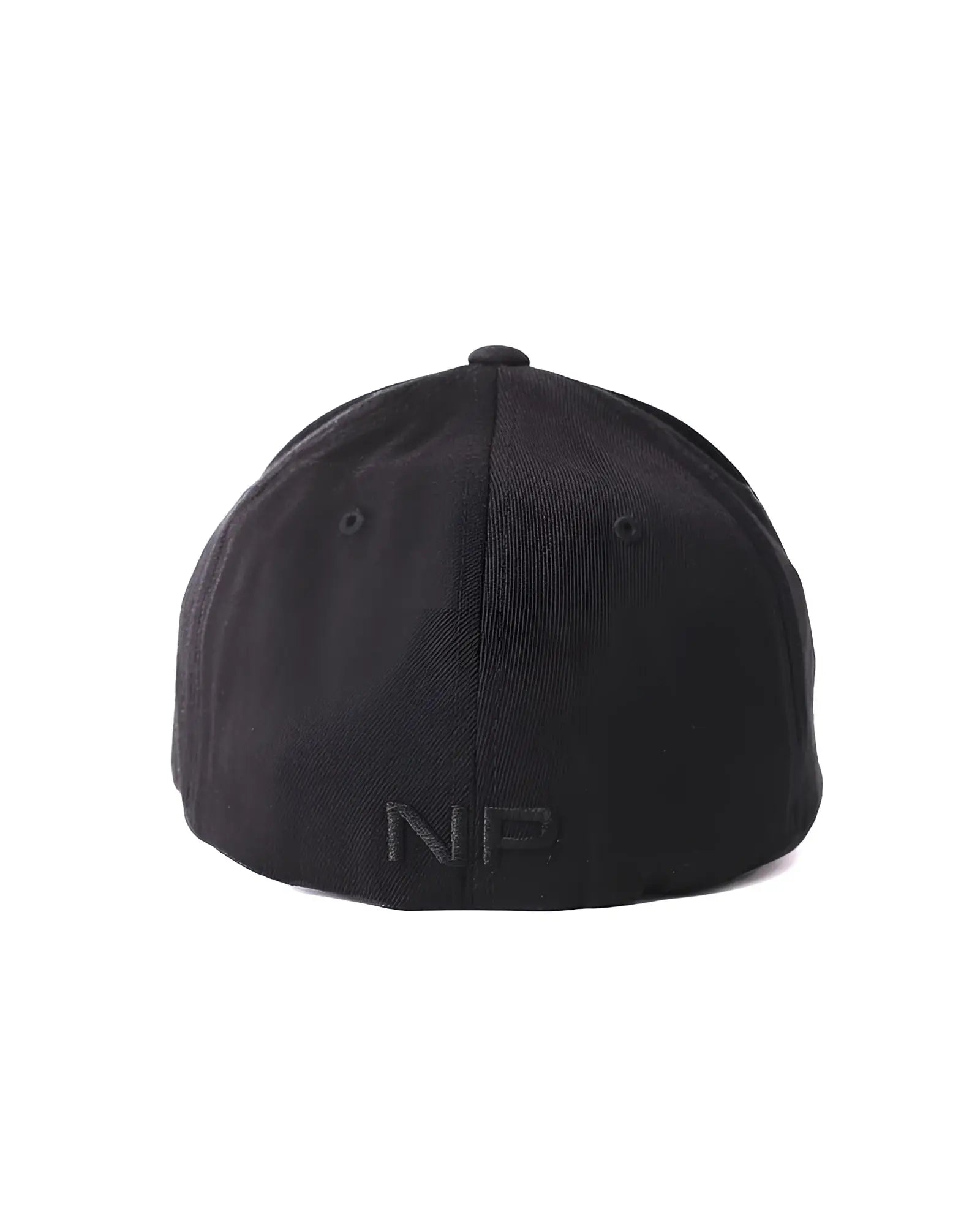Black np branded structured six panel snout cap showing embroidered logo on the back side