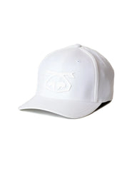 White snout cap baseball hat with subtle embossed logo on front made from breathable material