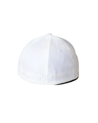 White snout cap baseball hat with subtle embroidered np logo on the back panel