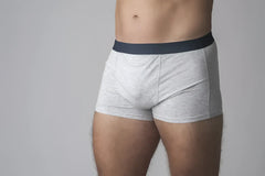 Gray heathered boxer briefs with solid navy waistband from snowballs underwear designed for comfort and style