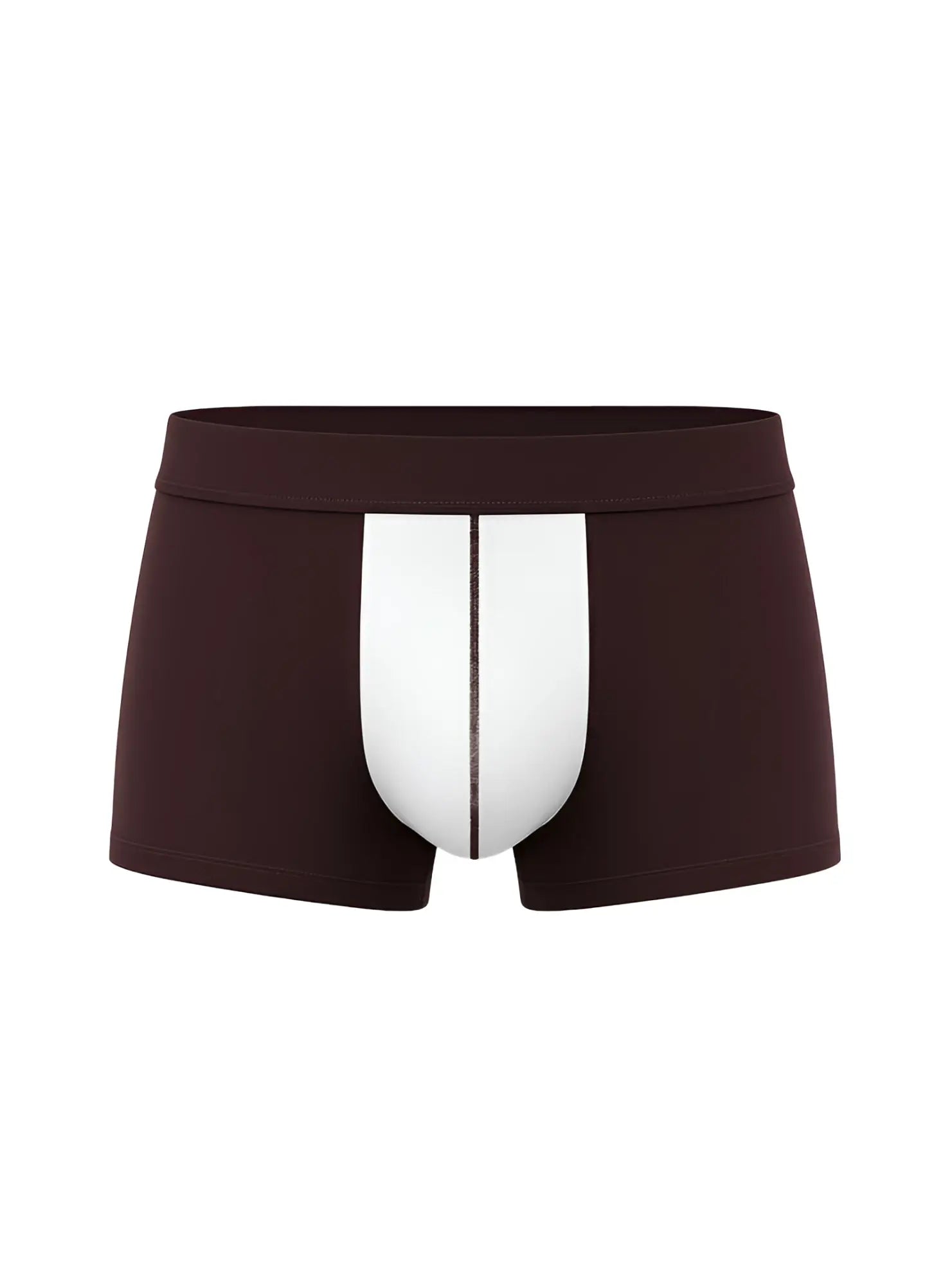 Dark brown boxer briefs soft stretch contrast trunk with white central panel and thin black vertical stripe down the middle