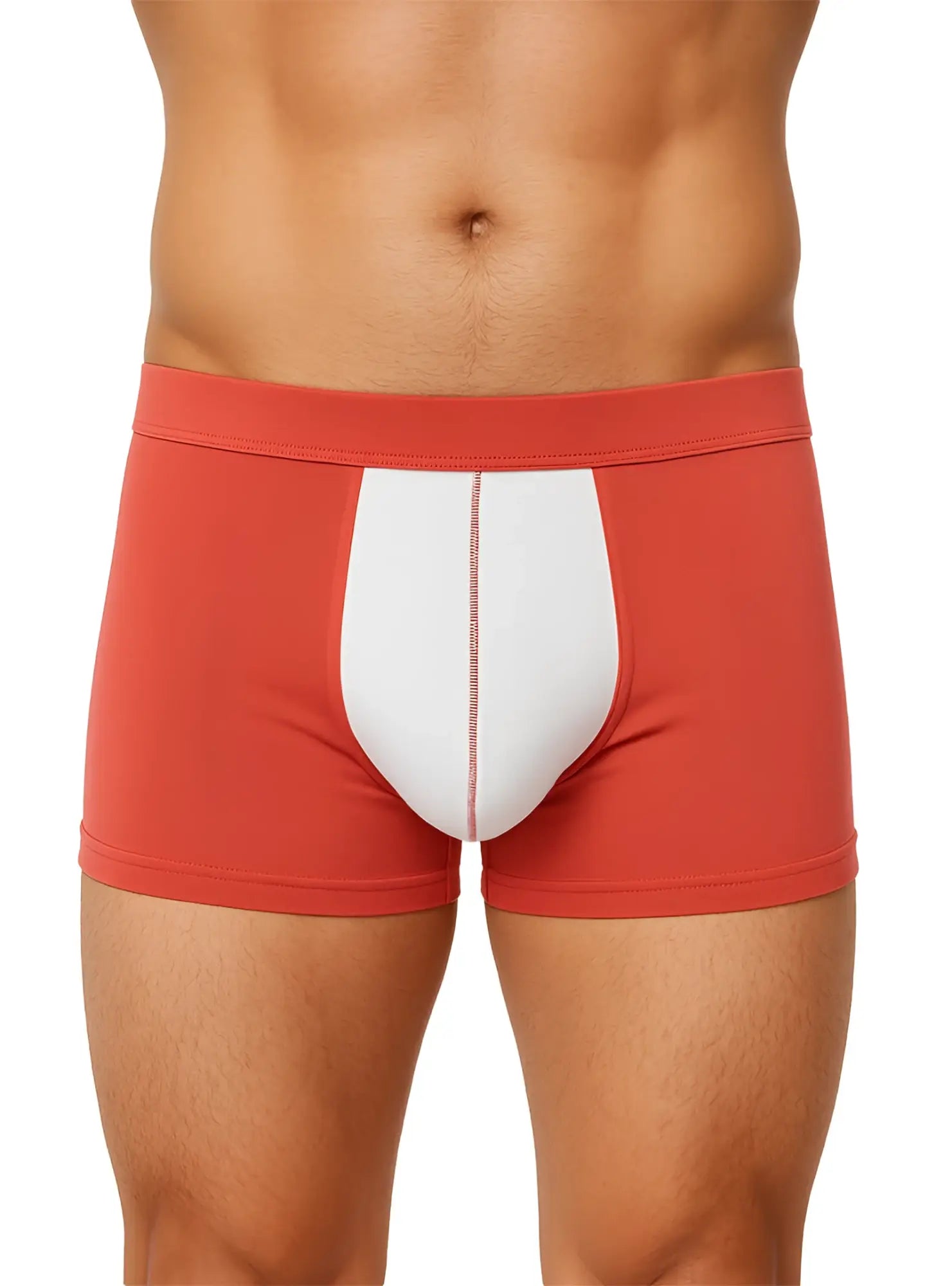Soft stretch contrast trunk boxer briefs in red and white with central white panel and subtle stitching detail