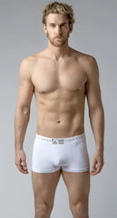 White menâs boxer briefs softest short trunks with gray elastic waistband featuring adam smith logo