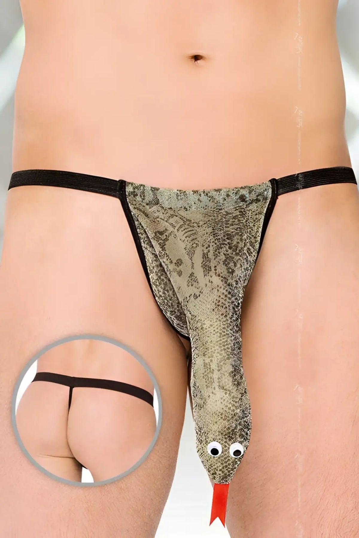 Softline snake g string underwear size S/L in green and brown snake pattern with black trim and playful googly eyes detail
