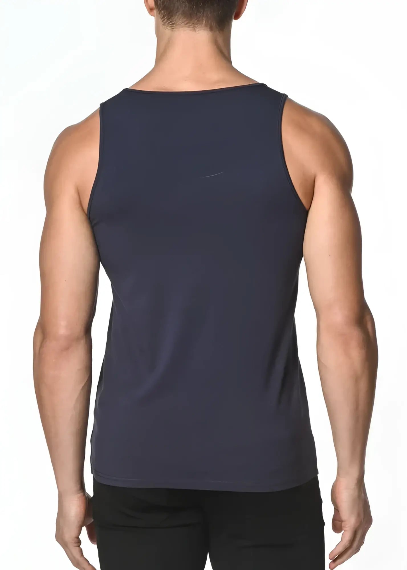 Dark navy blue solid stretch jersey sleeveless tank top showing back with subtle brand logo on upper back