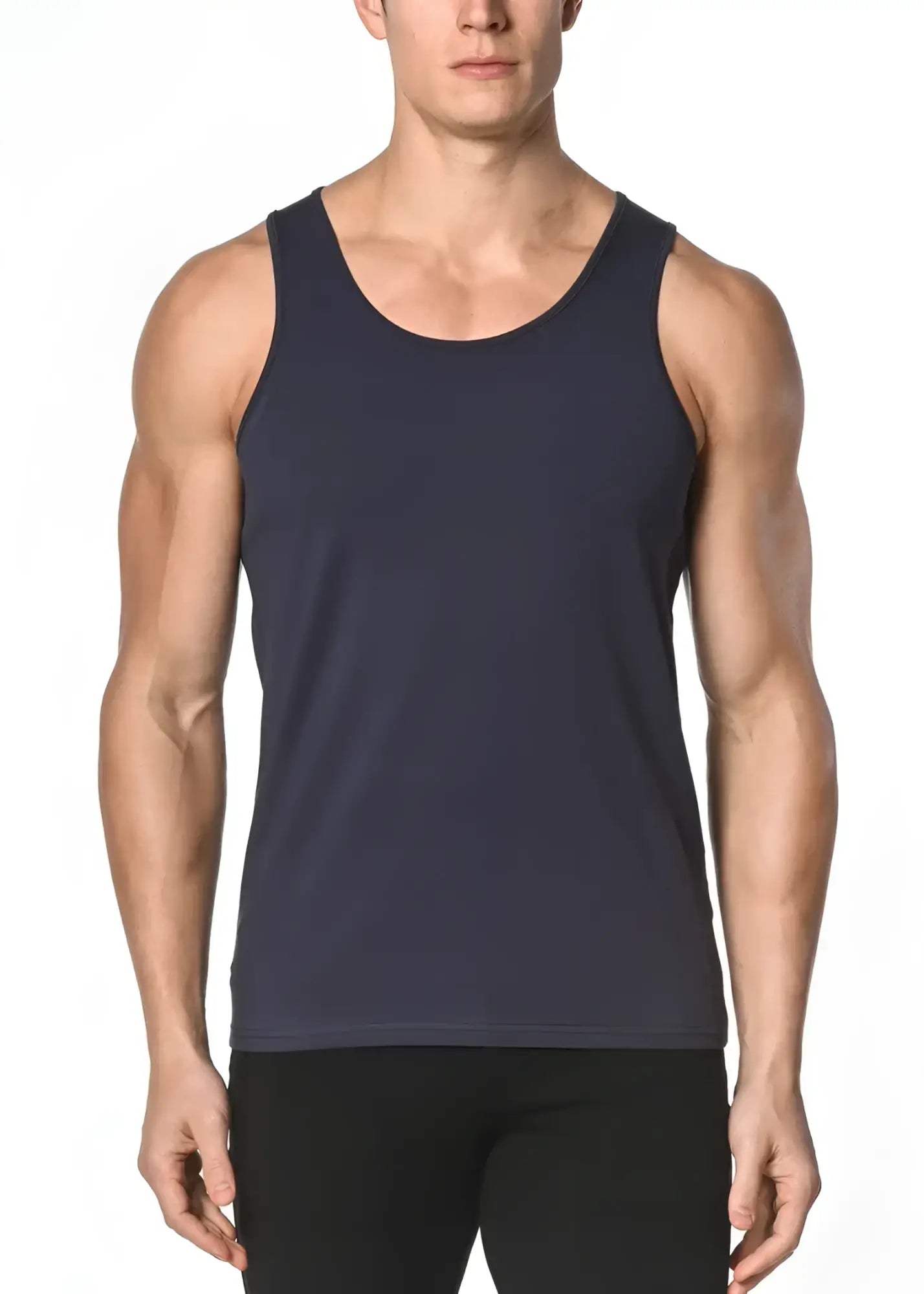 Dark navy blue solid stretch jersey sleeveless tank top with a simple fitted design for comfortable wear