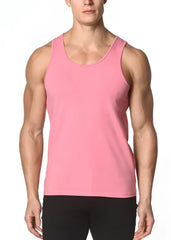 A sleek solid pink sleeveless stretch jersey tank top with a rounded neckline and smooth fabric