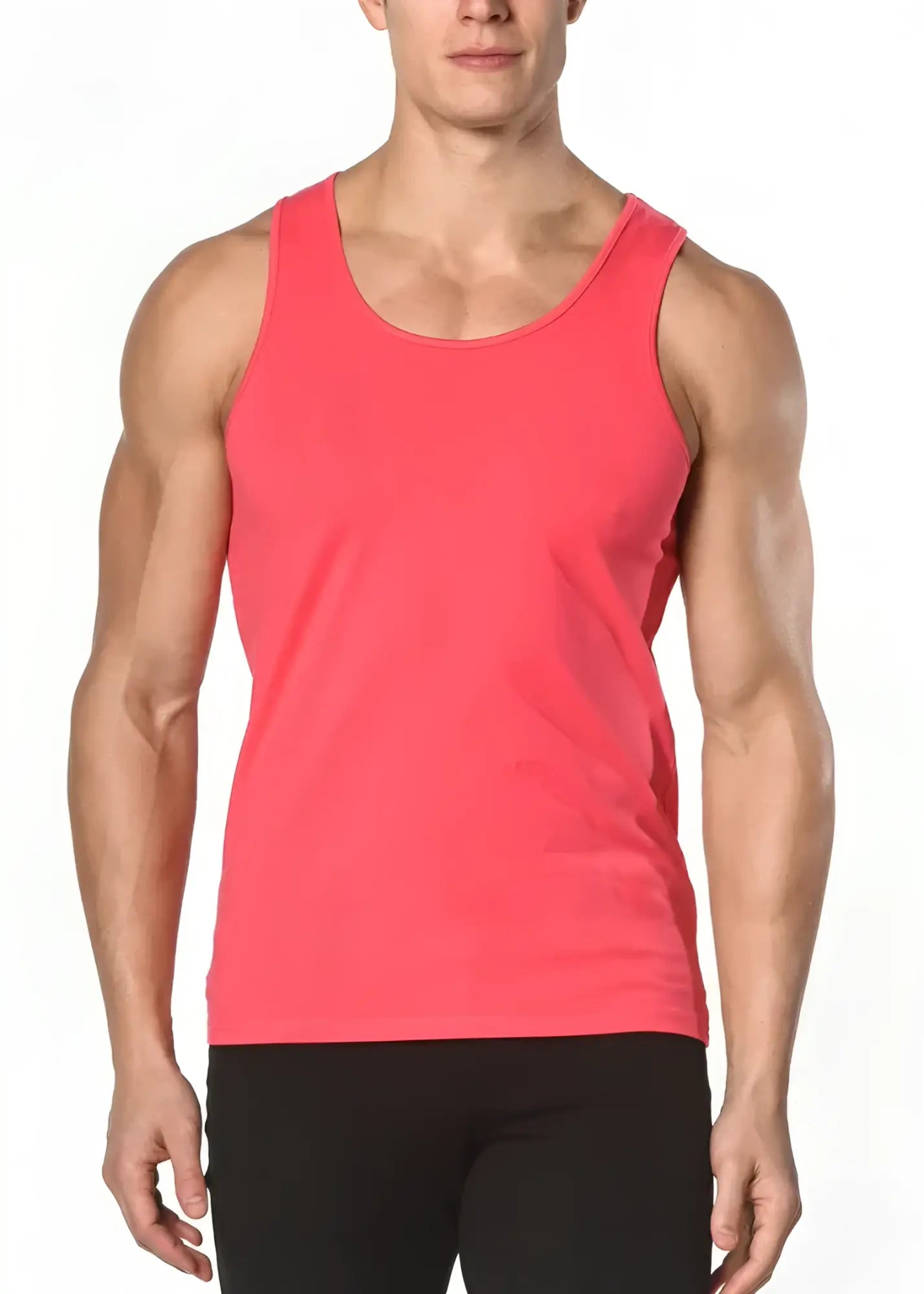 A vibrant coral solid stretch jersey tank top with a sleeveless design and a simple round neckline