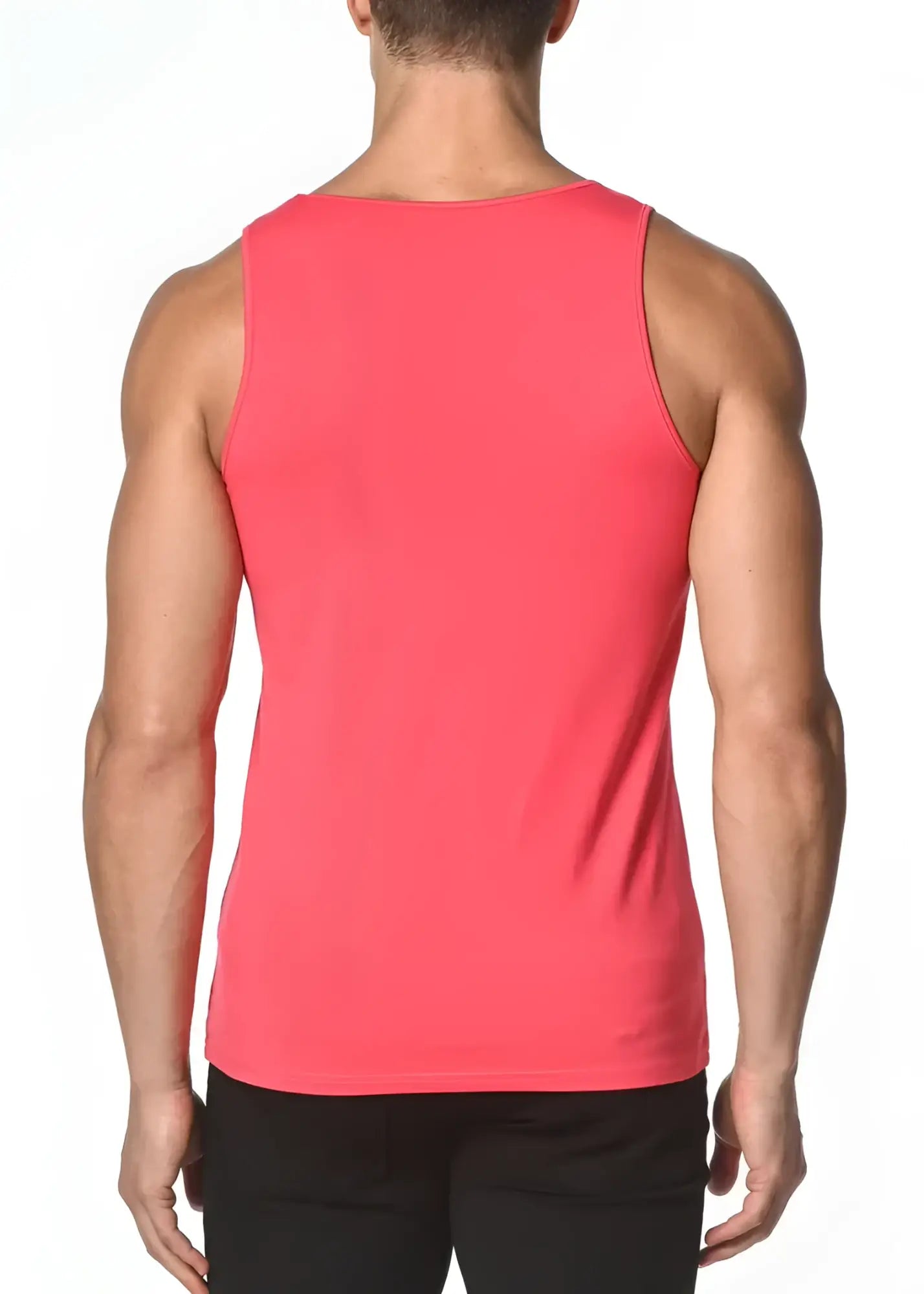 A vibrant coral solid stretch jersey tank top with a sleeveless fitted design perfect for casual wear