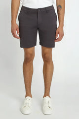 Dark gray solid stretch knit chino shorts with classic fit and button closure for comfortable casual wear