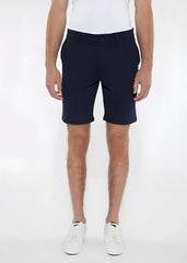 Navy blue solid stretch knit shorts with classic fit and button closure made from comfortable knit fabric