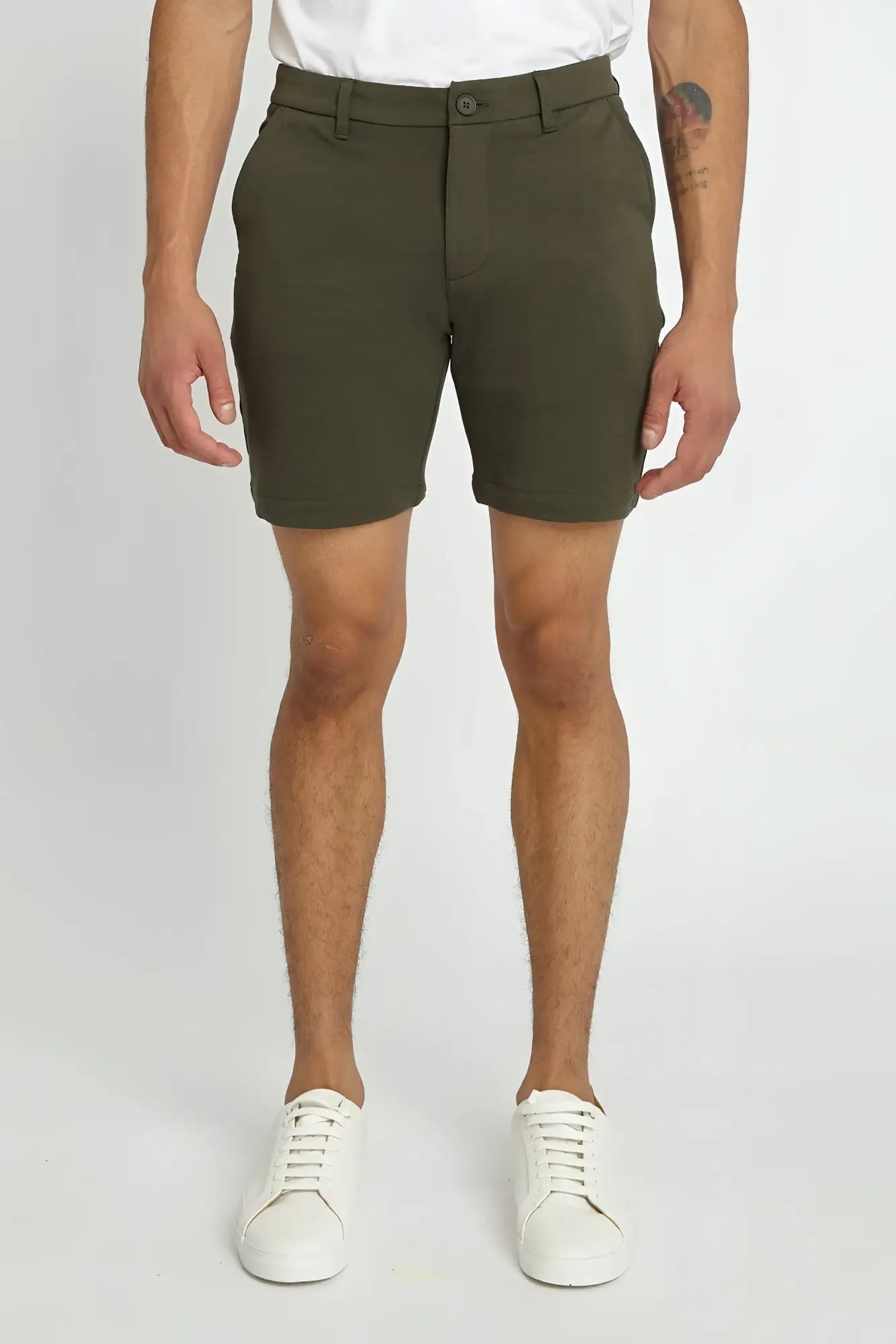 Solid stretch knit olive green chino shorts with classic fit and button closure for comfortable casual wear