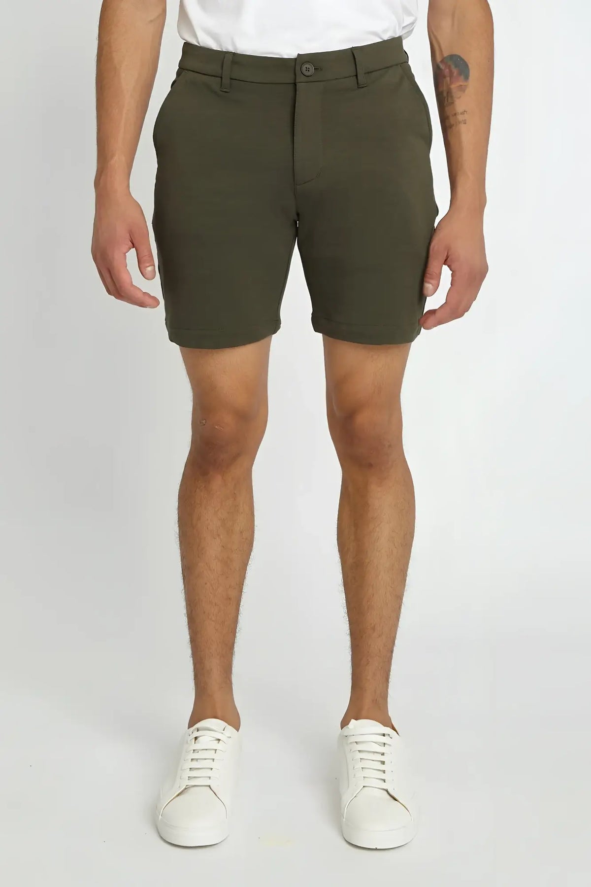 Solid stretch knit olive green chino shorts with classic fit and button closure for comfortable casual wear