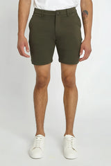 Solid stretch knit olive green chino shorts with classic fit and button closure for comfortable casual wear