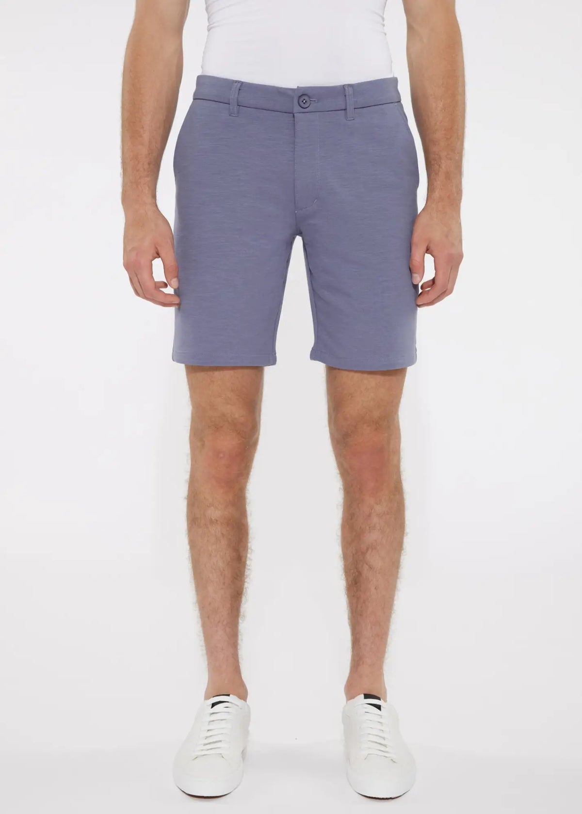 A pair of men’s tailored solid light blue stretch knit shorts with belt loops and single button closure