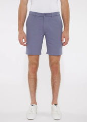 A pair of men’s tailored solid light blue stretch knit shorts with belt loops and single button closure