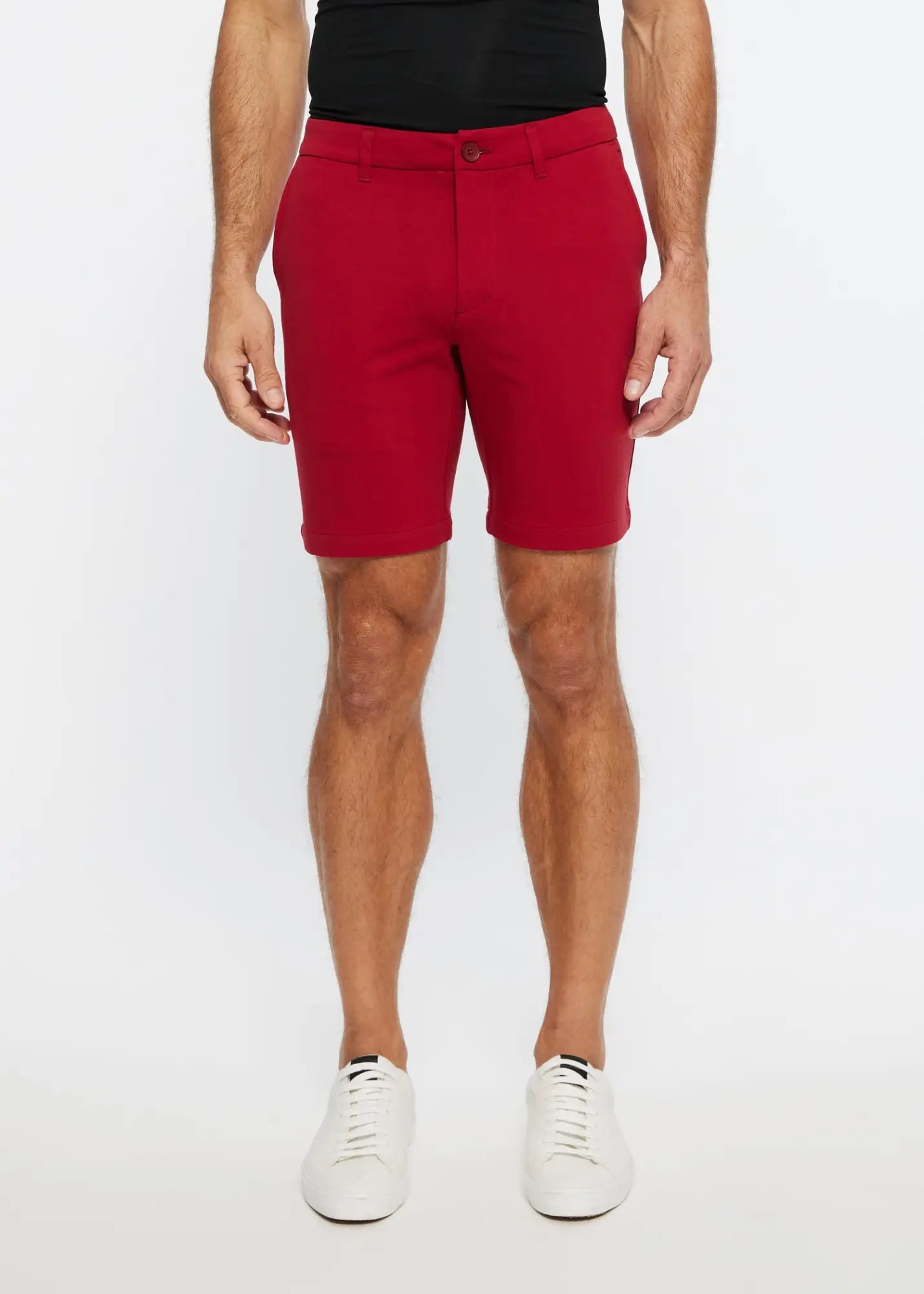Red men’s chino shorts solid stretch knit short with tailored fit and button closure for casual wear