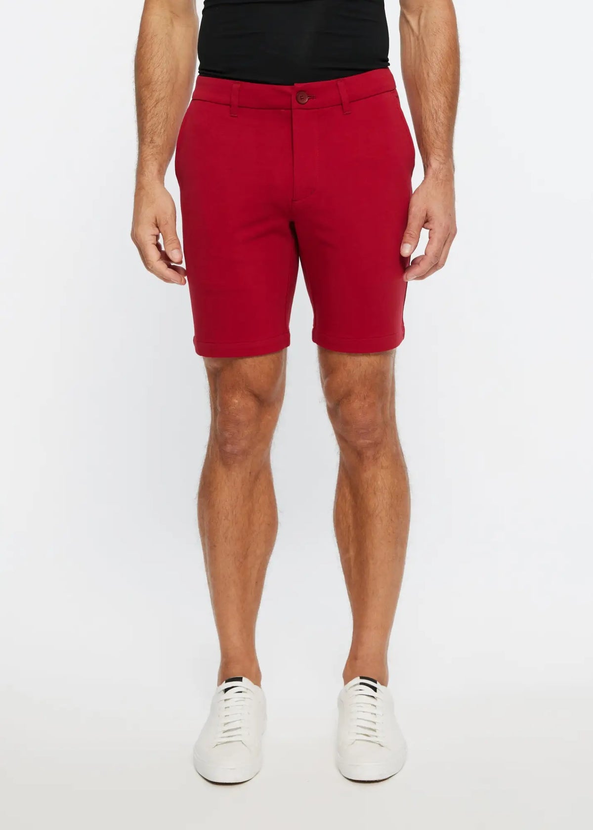 Red men’s chino shorts solid stretch knit short with tailored fit and button closure for casual wear