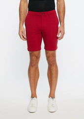 Red men’s chino shorts solid stretch knit short with tailored fit and button closure for casual wear