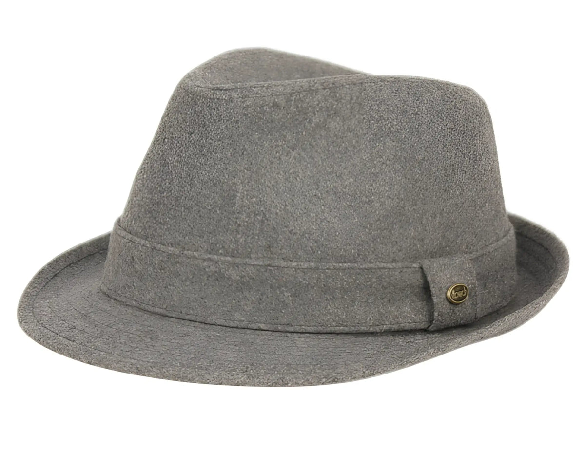 Solid wool fedora in gray felt with subtle textured weave and small brass button on the side