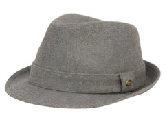 Solid wool fedora in gray felt with subtle textured weave and small brass button on the side