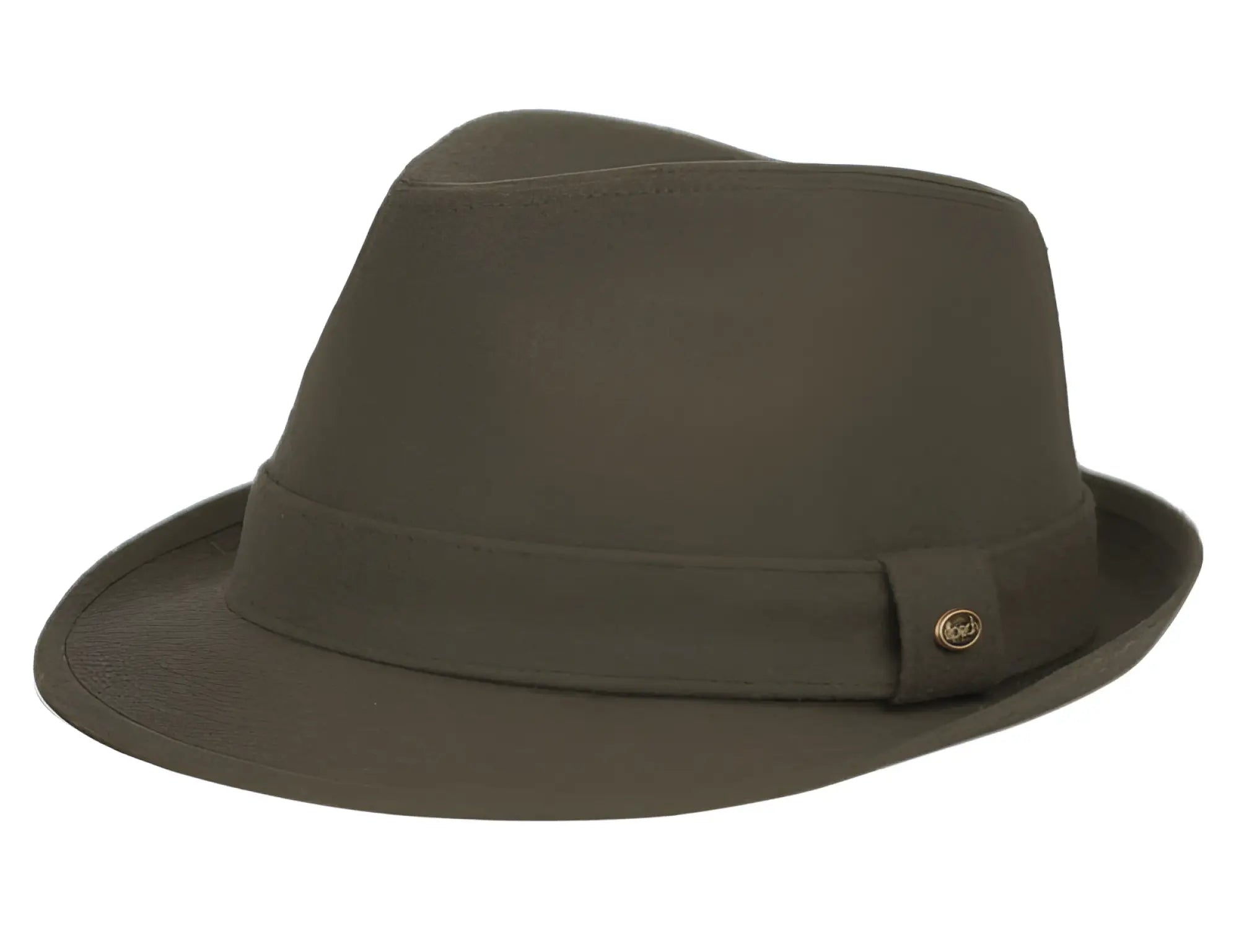 Olive green solid wool fedora with matching band and gold toned button for stylish wear