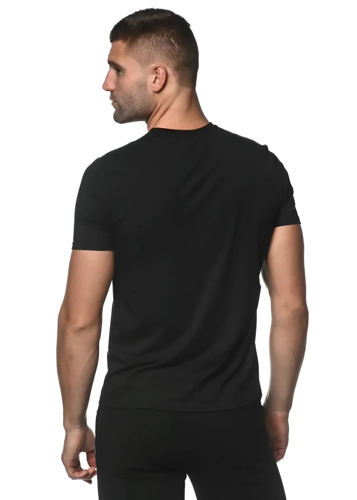 Black short-sleeved crew neck t-shirt made with sorona fabric for comfortable everyday wear