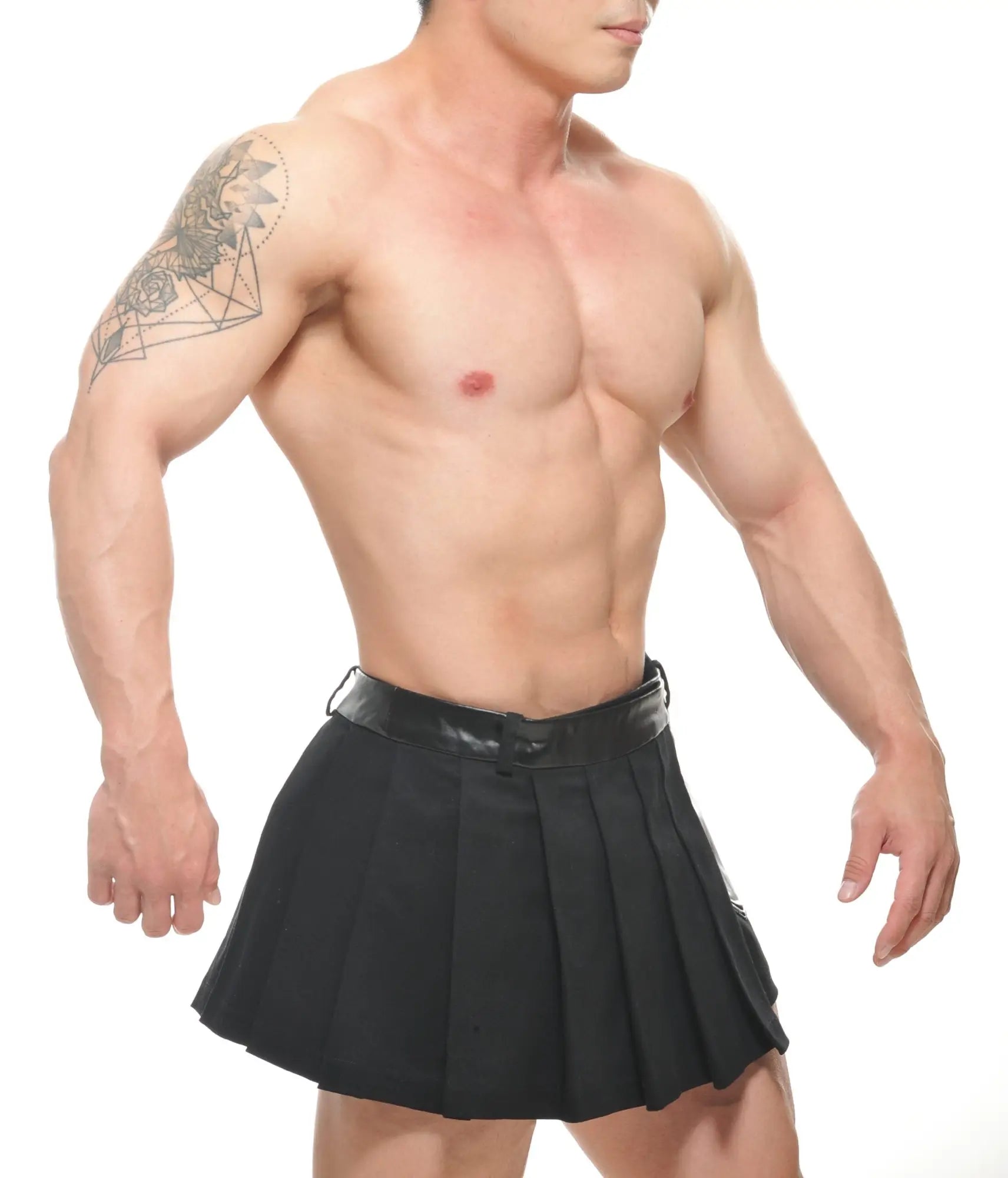 Black pleated spar wrap skirt with shiny black belt made from lightweight fabric for stylish casual wear