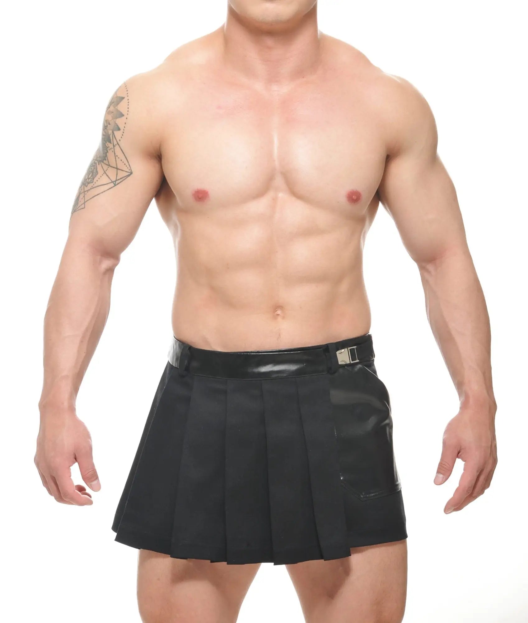 Black pleated spar wrap skirt with shiny black belt and buckle for stylish versatile wear