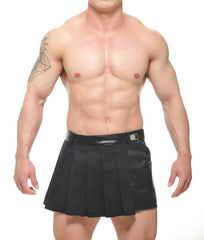 Black pleated spar wrap skirt with shiny black belt and buckle for stylish versatile wear